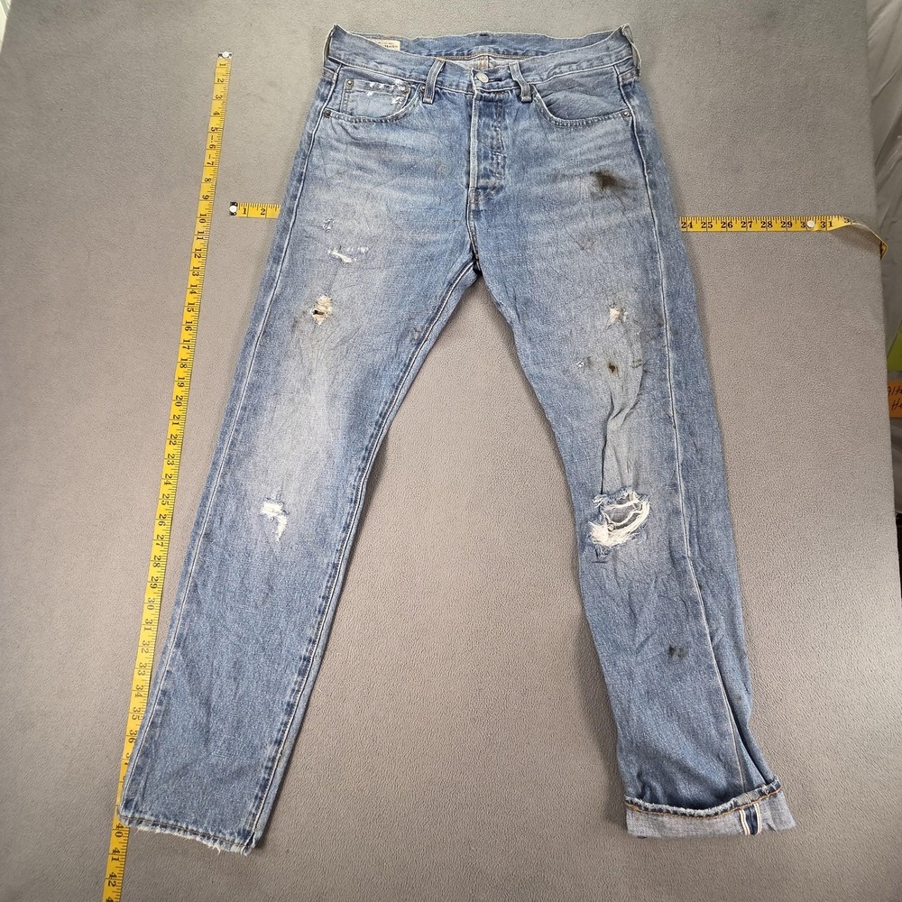 Levis 501 Jeans Mens Selvedge Blue Light Wash Slim Whiskers Thrashed Fits 31x31